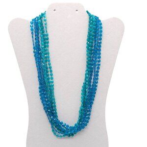 Multi Strand Blue Beaded Necklace Gold-Tone Clasp Faux Turquoise Center Accent